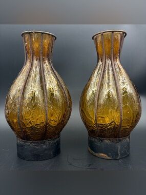 Vintage Amber Caged Glass Lamp Shade Spanish Revival Hurricane Iron Frame (2)